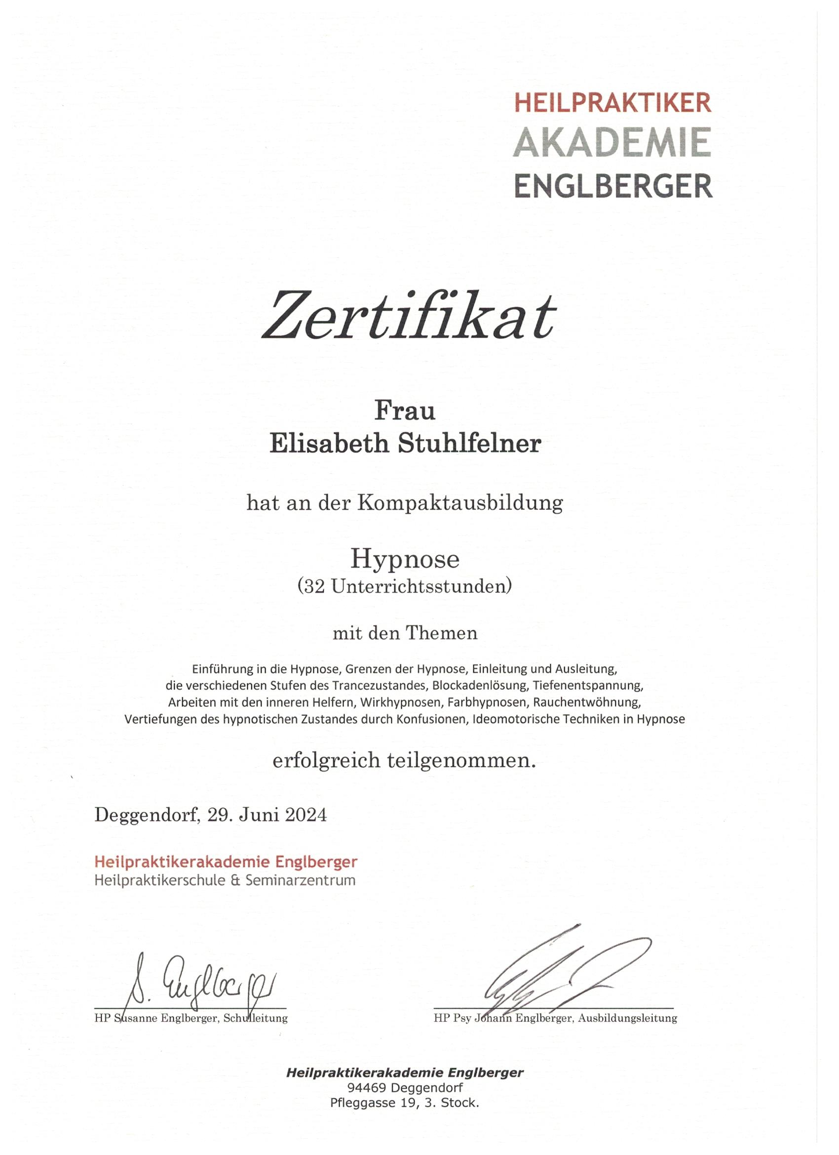 Hypnose Zertifikat - Heilpraktiker Akademie Englberger