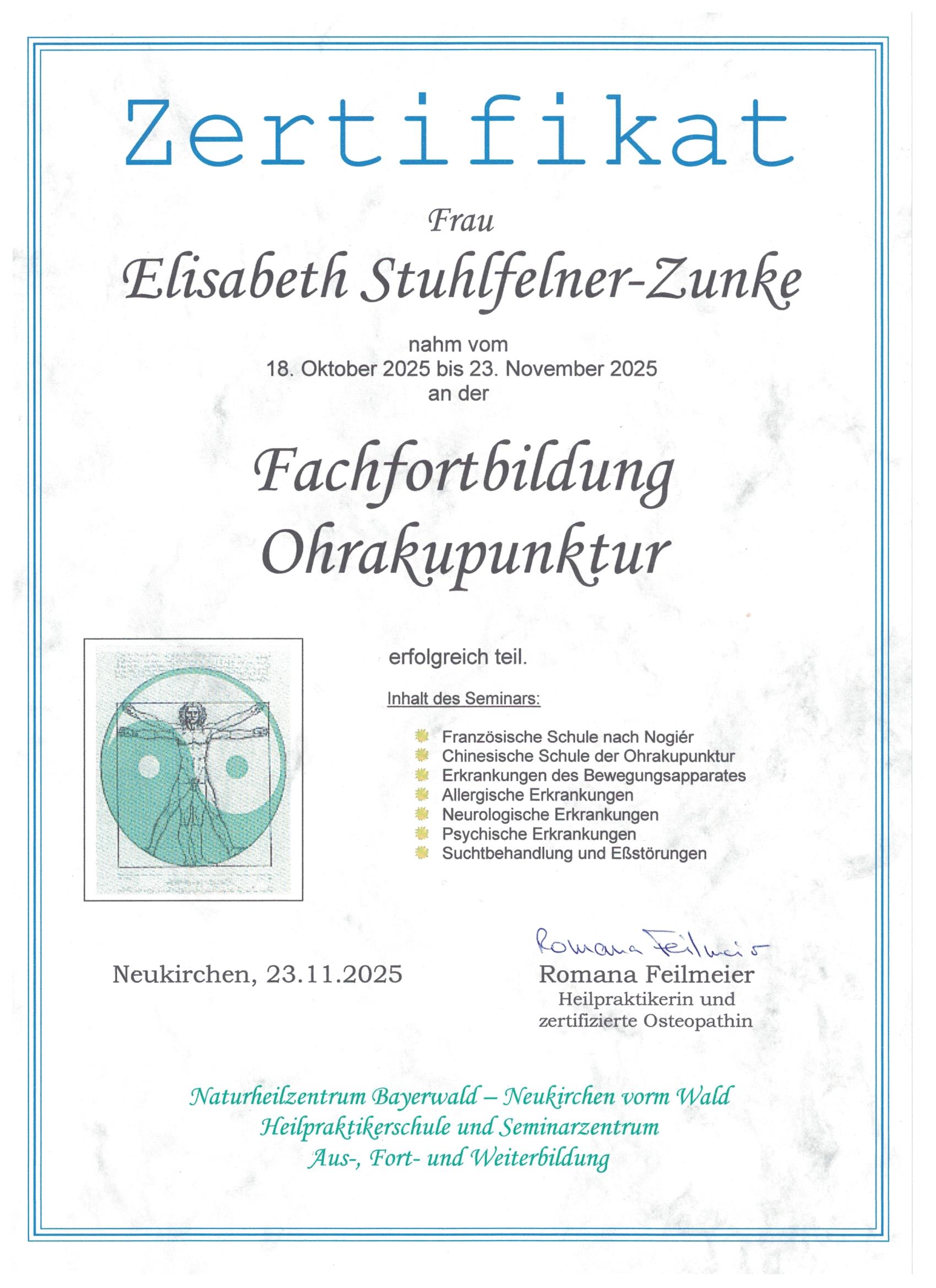 Ohrakupunktur Fachfortbildung Zertifikat - Naturheilzentrum Bayerwald